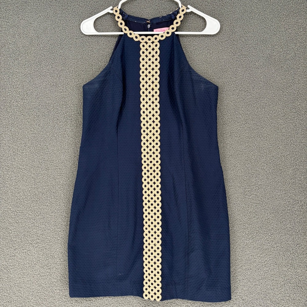Lilly Pulitzer Navy Blue Gold Lace Trim Halter Shift Dress 10 Cotton Dobby